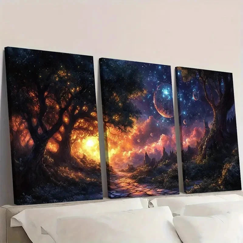 3pcs Purple Castle & Starry Night  ew     Wall Art Set Canvas Framed 60x90cm - High Quality Print 100% Australian Made Wall Canvas Ready to Hang - Bella Home Decor