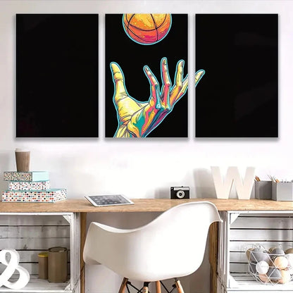 3pcs Vibrant Hand & Basketball Spray Painted  Wall Art Set Canvas Framed 50x70cm - High Quality Print 100% Australian Made Wall Canvas Ready to Hang