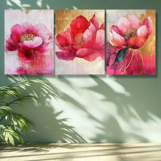 3pcs Pink peony flowers Wall Art Set Canvas Framed 50x70cm - High Quality Print 100% Australian Made Wall Canvas Ready to Hang