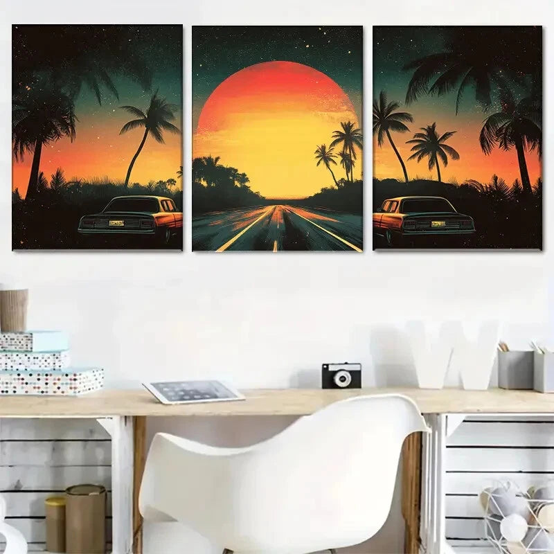 3pcs Retro Sunset Road with Palm Trees Perfect Wall Art Set Canvas Framed 60x90cm - High Quality Print 100% Australian Made Wall Canvas Ready to Hang - Bella Home Decor