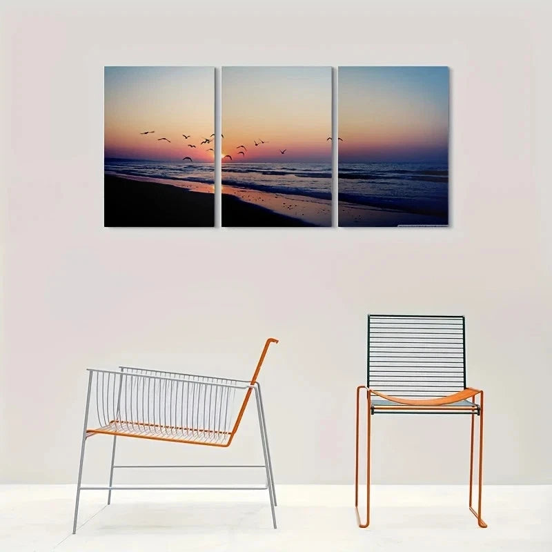 3pcs Beach Sunset Ocean Scene with Birds & Waves Metal Print Ready to Hang Art - Bella Home Decor