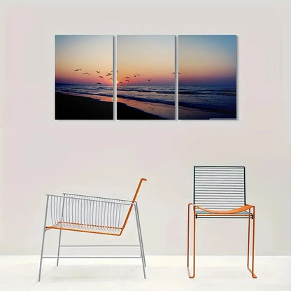 3pcs Beach Sunset Ocean Scene with Birds & Waves Metal Print Ready to Hang Art - Bella Home Decor
