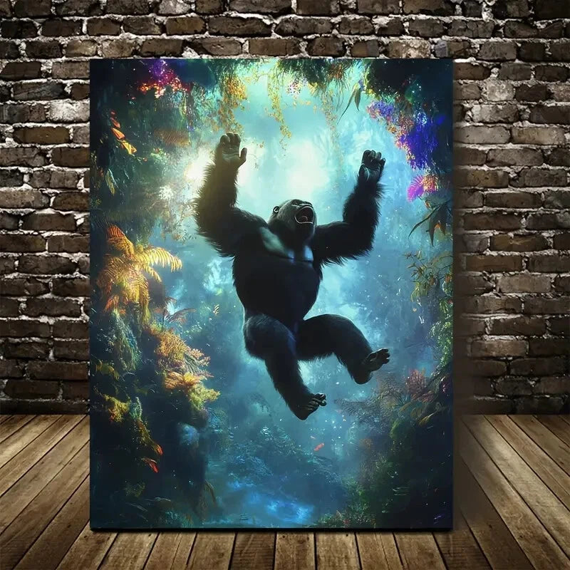 Joyful Gorilla Leaping in Enchanted Forest Painting  40x60cm Metal Print Ready to Hang - Bella Home Decor