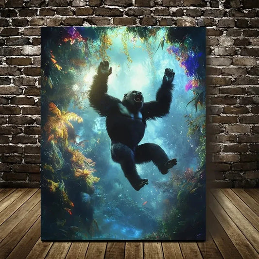 Joyful Gorilla Leaping in Enchanted Forest Painting  40x60cm Metal Print Ready to Hang - Bella Home Decor