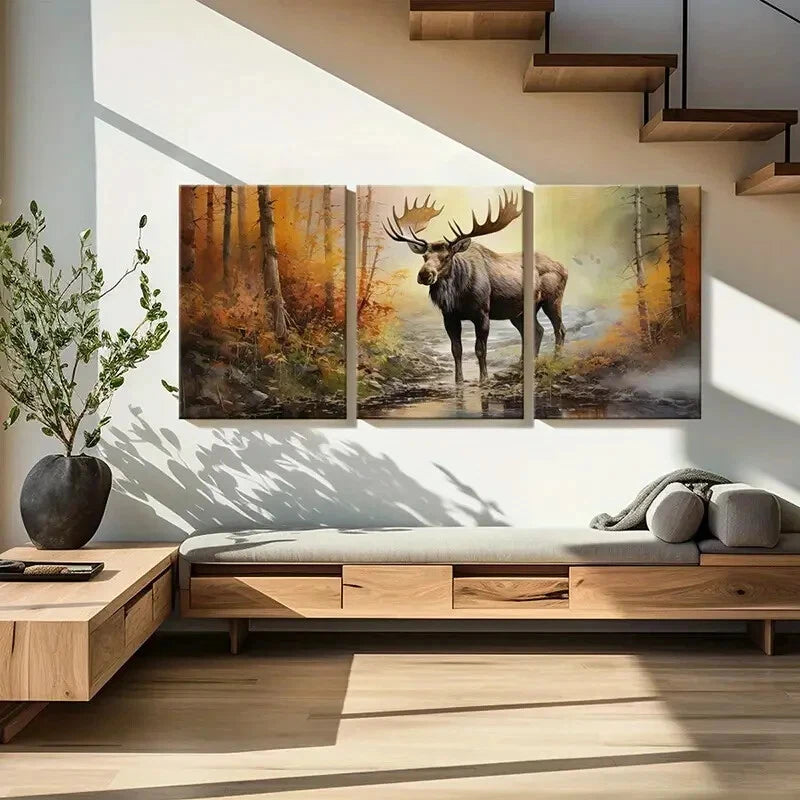 3pcs Majestic Moose Forest Scene Autumn Colors Metal Print Ready to Hang Art - Bella Home Decor