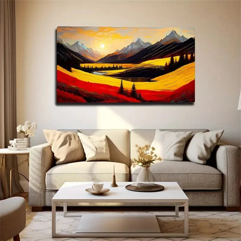Vibrant Sunrise Over Mountains Wall Art Canvas Office Home Room Framed 120x60cm