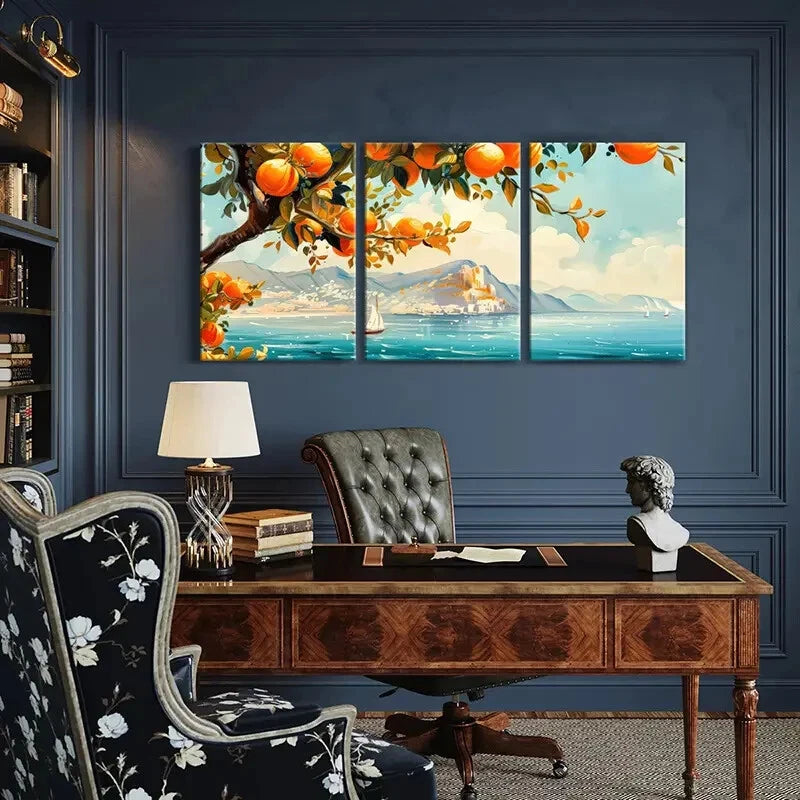 3pcs Orange Tree Sailboat Castle Mountain View Metal Print Ready to Hang Art - Bella Home Decor