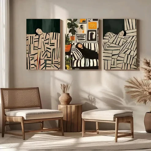 3pcs Abstract Figure Black and White Wall Art Set Canvas Unframed - High Quality Print 100% Australian Made Wall Canvas - Bella Home Decor