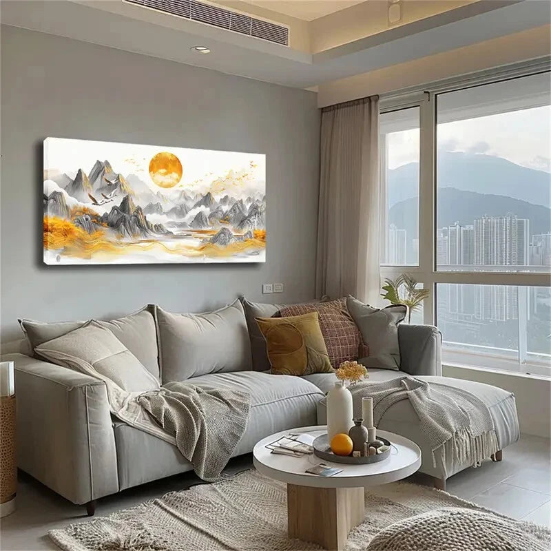 Golden Geese Sun Landscape Wall Art Canvas Office Home Room Framed 120x60cm - Bella Home Decor