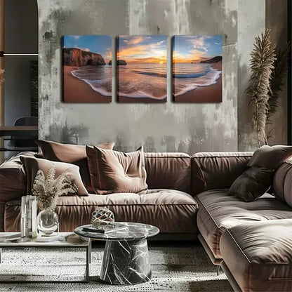 3pcs Stunning White Waves, Sea Level Sunset Wall Art Set Canvas Unframed - High Quality Print 100% Australian Made Wall Canvas