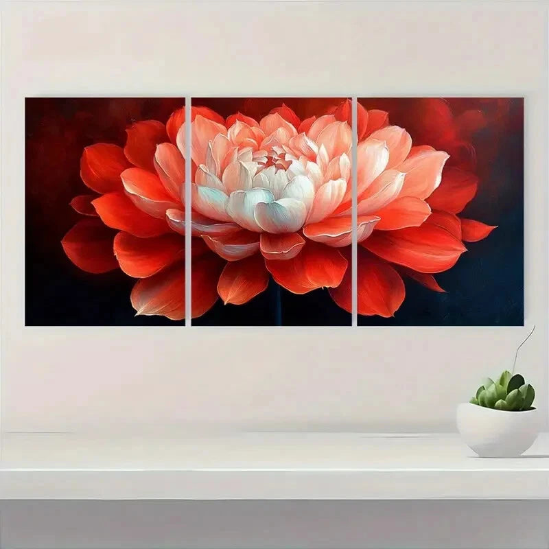 3pcs Vibrant Red & White Floral Oil Painting Metal Print Ready to Hang Art
