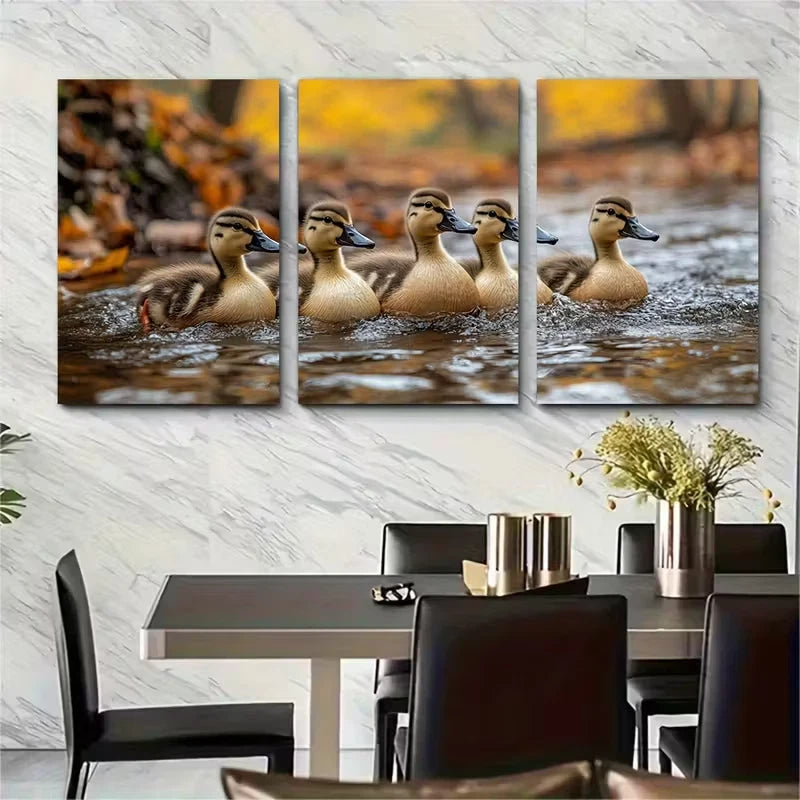 3pcs Family of Ducks Swimming in the Woods Metal Print Ready to Hang Art