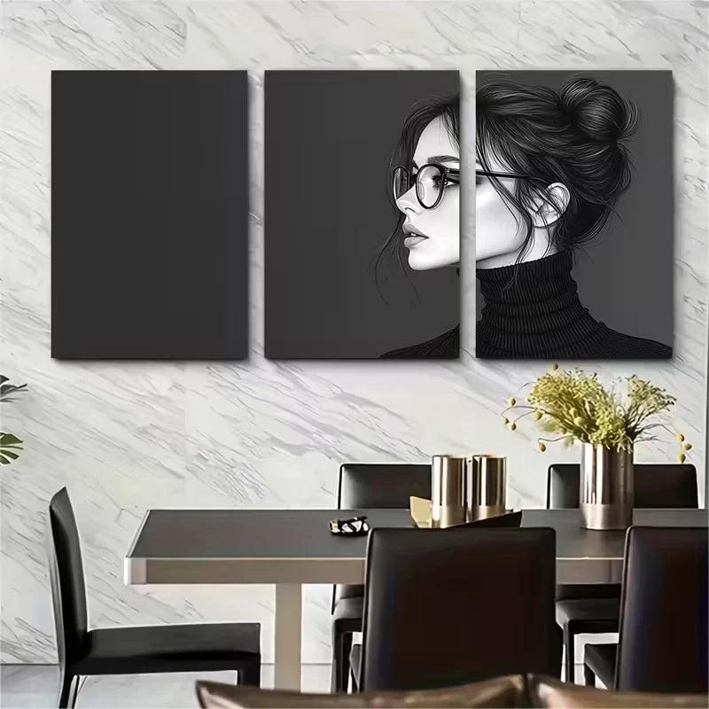 3pcs Woman in Glasses Messy Bun Turtleneck Metal Print Ready to Hang Art