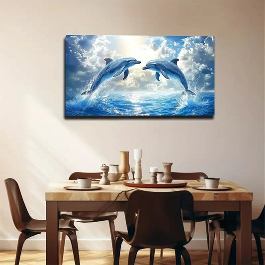 Dolphins Leaping Love Wall Art Canvas Office Home Room Framed 120x60cm