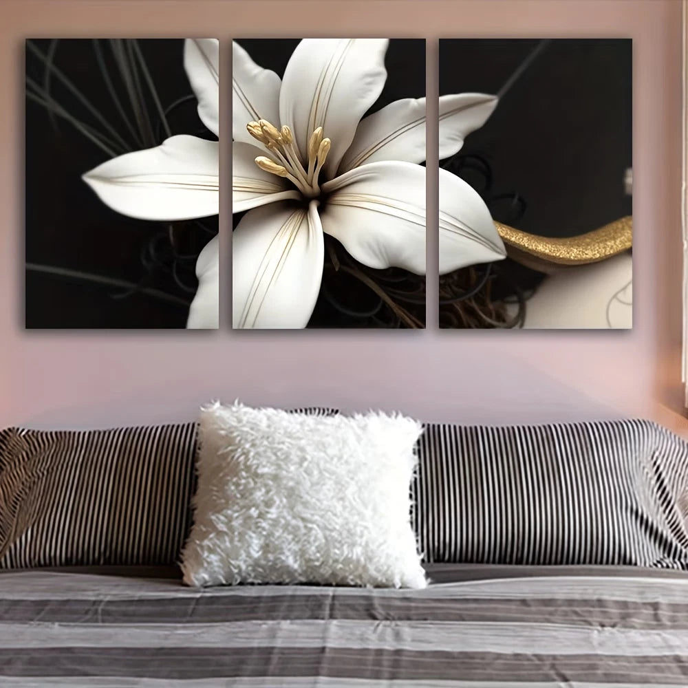 3pcs White Flowers on Black Painting Wall Art Set Canvas Framed 50x70cm - High Quality Print 100% Australian Made Wall Canvas Ready to Hang