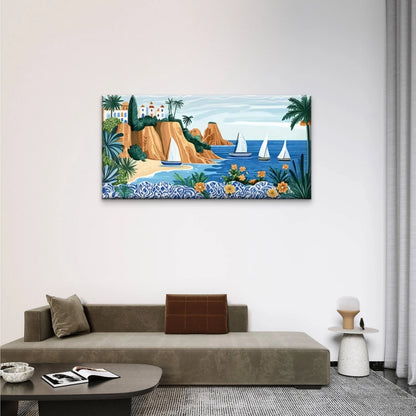 Beach Scene Palm Trees Boats Wall Art Canvas Office Home Room Framed 120x60cm