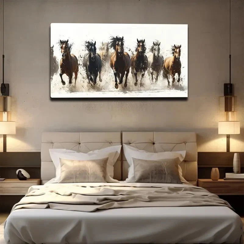 Six Galloping Horses Wall Art Canvas Office Home Room Framed 120x60cm