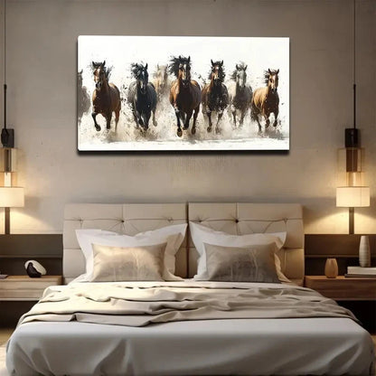 Six Galloping Horses Wall Art Canvas Office Home Room Framed 120x60cm