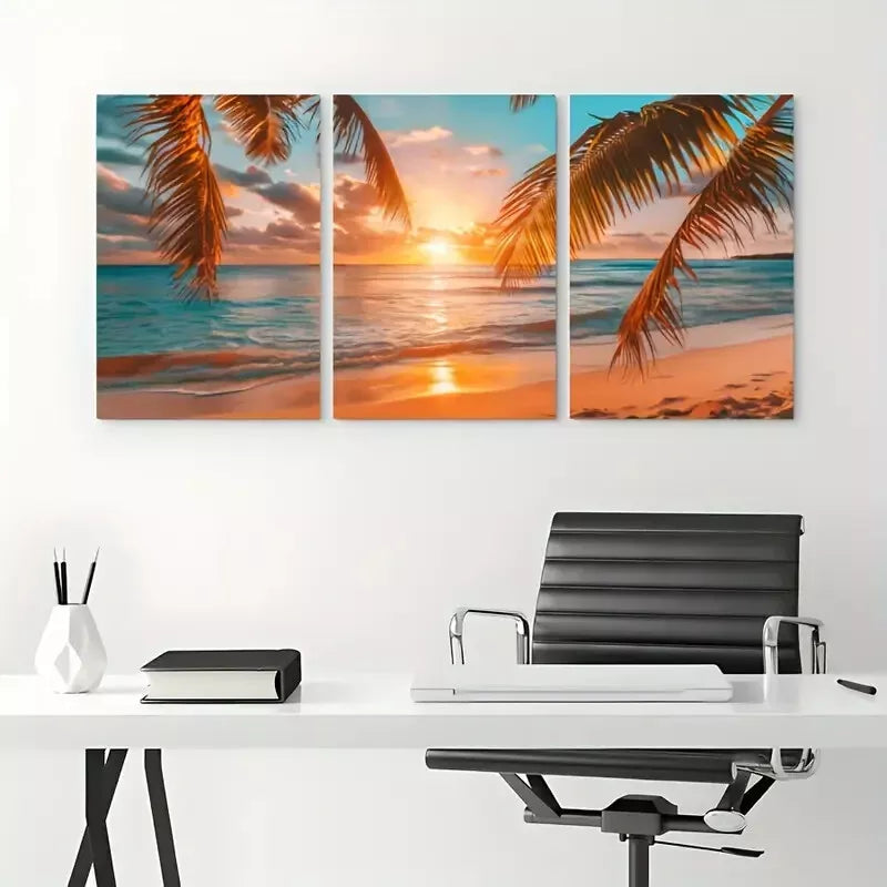 3pcsBeach Sunrise Wall Art Set Canvas Framed 50x70cm - High Quality Print 100% Australian Made Wall Canvas Ready to Hang