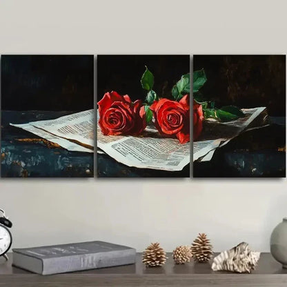 3pcs Red roses from the newspaper Wall Art Set Canvas Unframed - High Quality Print 100% Australian Made Wall Canvas