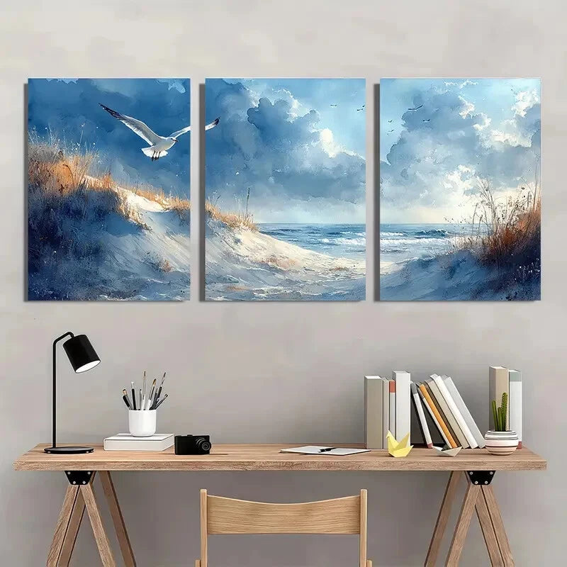 3pcs Sand Dunes and Seagulls Watercolor Beach Land Metal Print Ready to Hang Art - Bella Home Decor