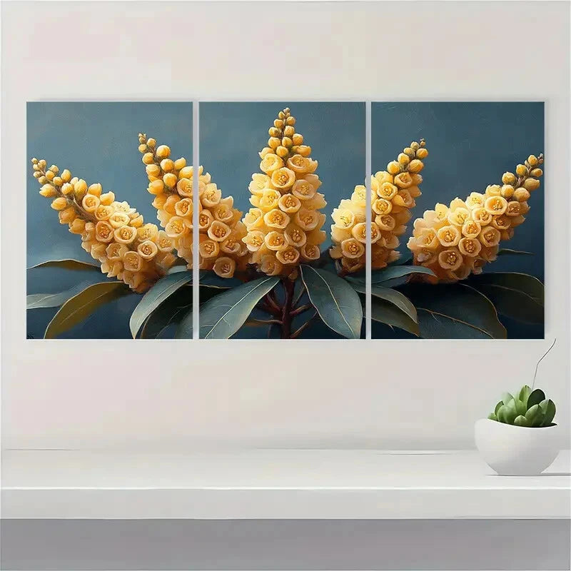 3pcs Yellow Laurel Flower Art Nature Metal Print Ready to Hang Art - Bella Home Decor