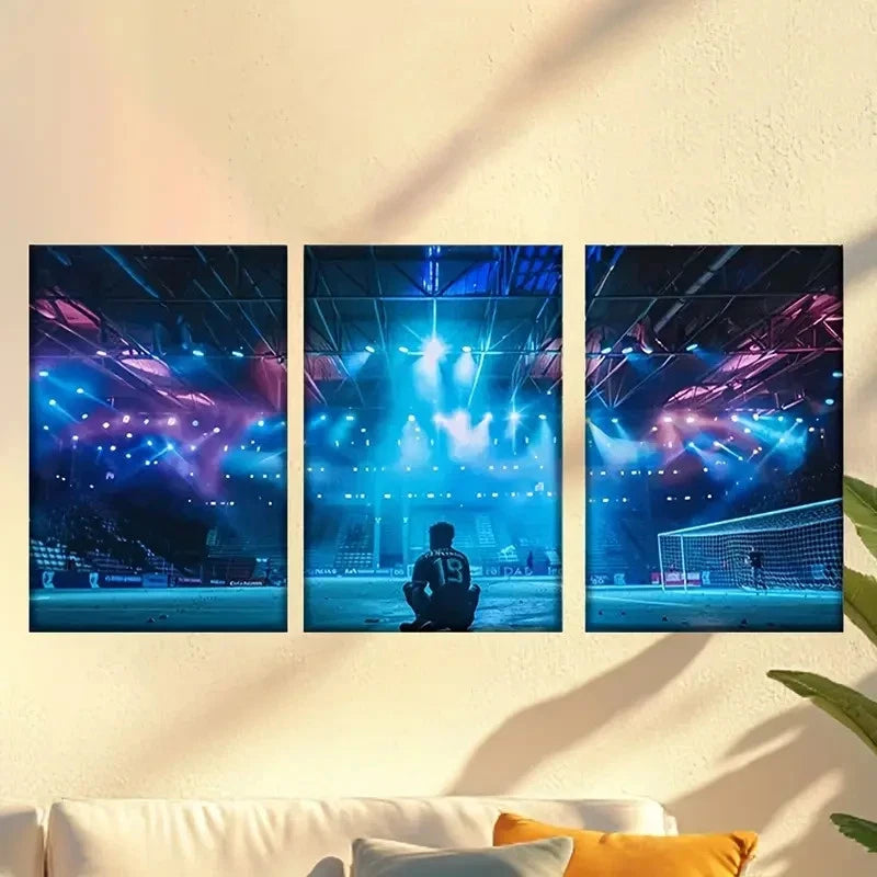 3pcs Soccer Field Artist Drawing Wall Art Set Canvas Framed 60x90cm - High Quality Print 100% Australian Made Wall Canvas Ready to Hang