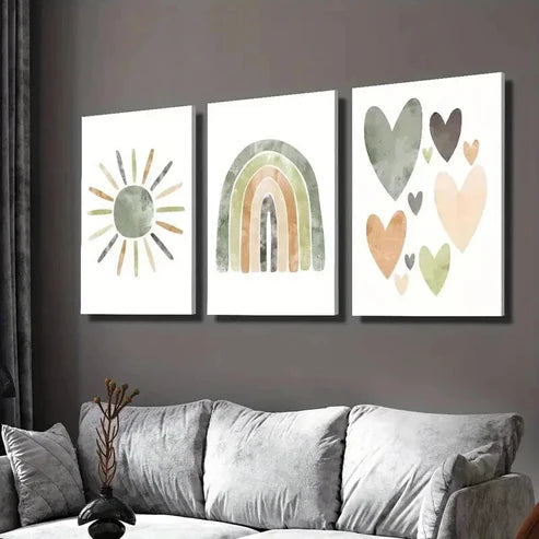 3pcs Bohemian Neutral Sun Rainbow Wall Art Set Canvas Unframed - High Quality Print 100% Australian Made Wall Canvas - Bella Home Decor