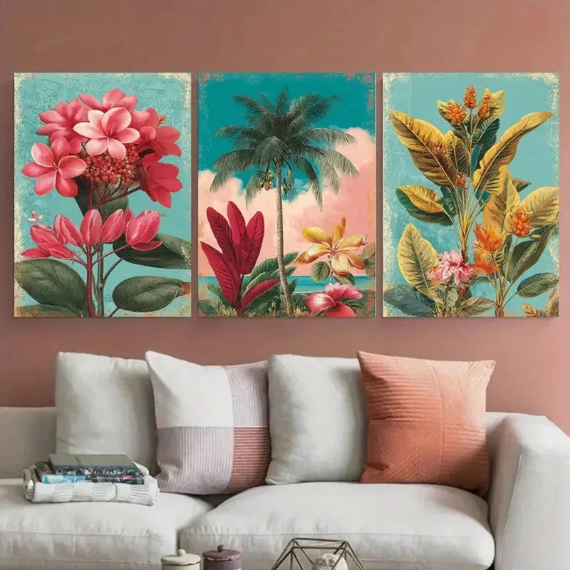 3pcs Bridgetown Travel Botanical Illustration Wall Art Set Canvas Framed 60x90cm - High Quality Print 100% Australian Made Wall Canvas Ready to Hang - Bella Home Decor