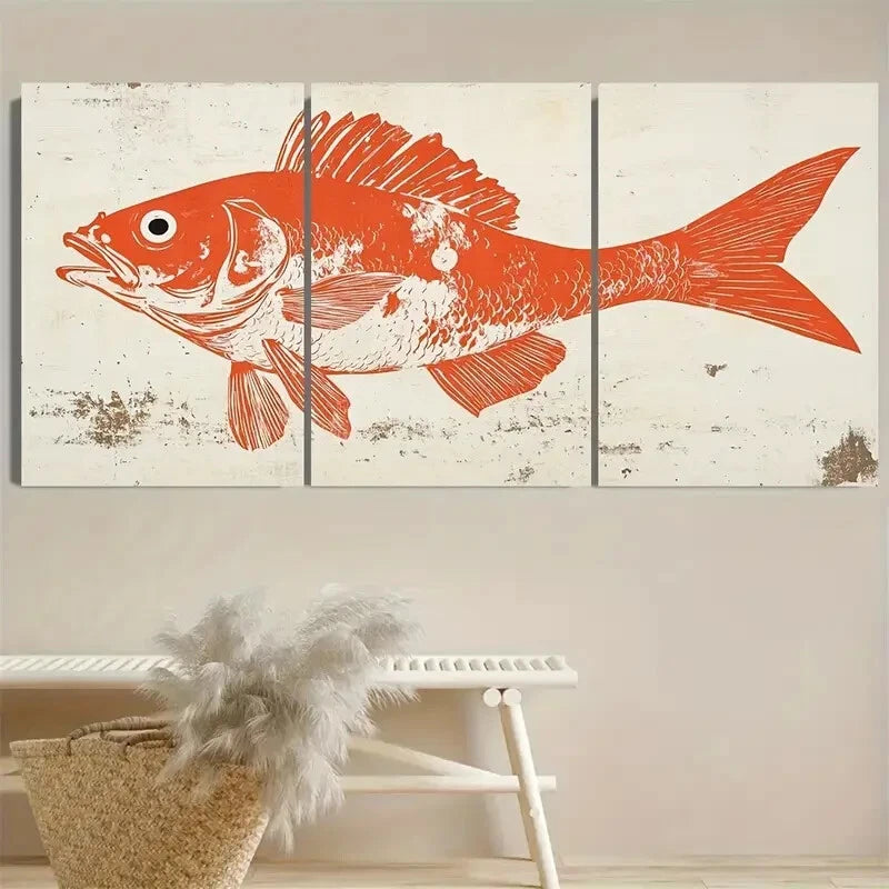 3pcs Red Fish Japanese Inspired malist Ocean Metal Print Ready to Hang Art