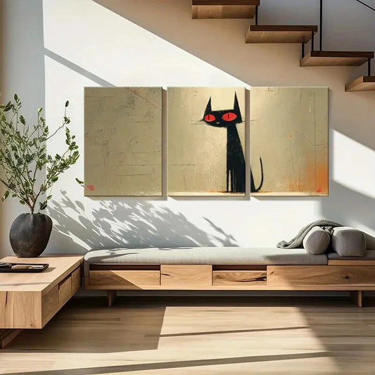 3pcs Abstract Black Cat Art Red Eyes Minimalist Metal Print Ready to Hang Art
