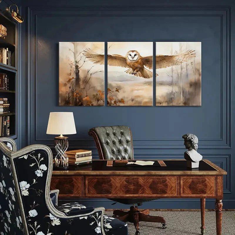 3pcs Owl Flight Watercolor Style Nature Scene Metal Print Ready to Hang Art - Bella Home Decor