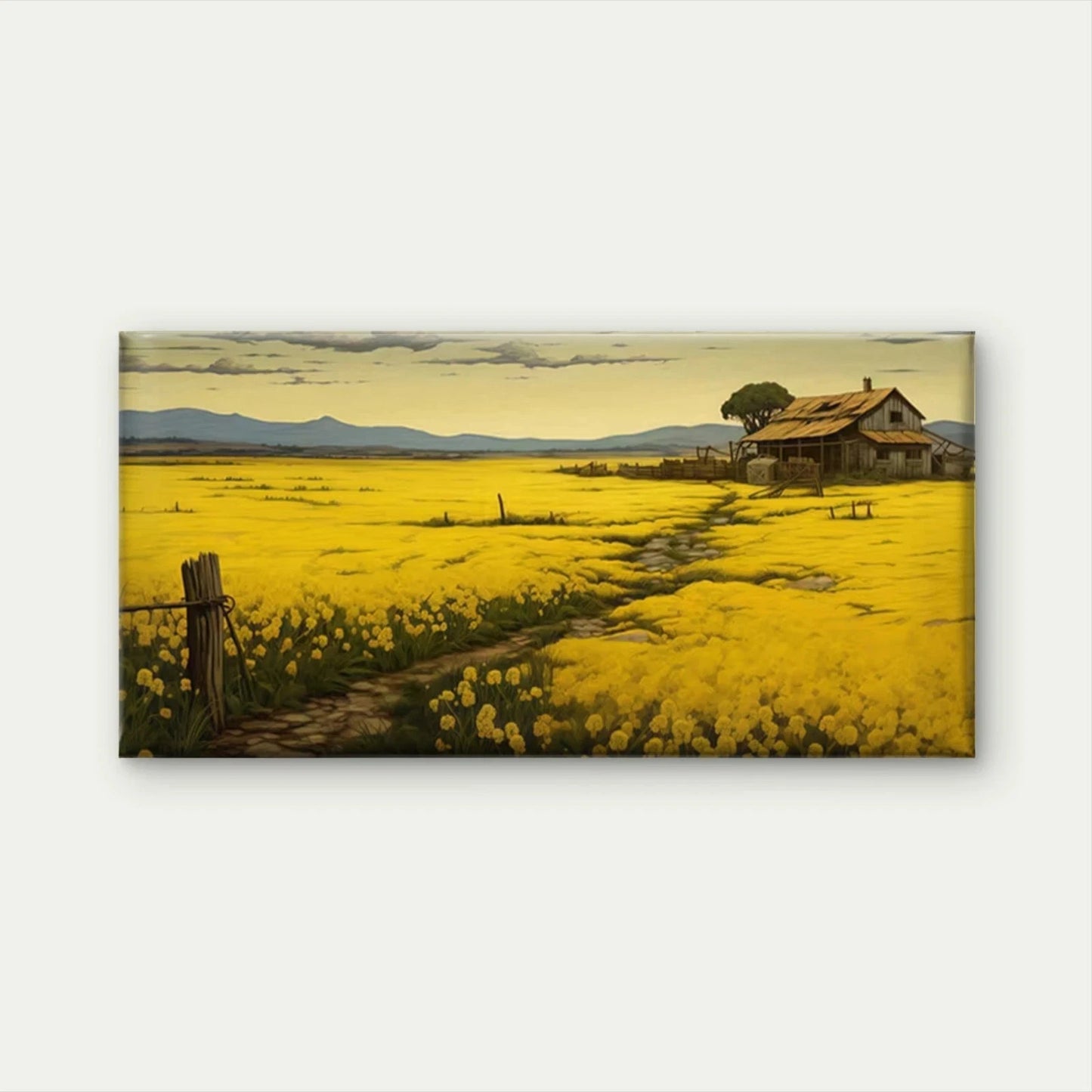 Flower Field & Rustic Farmhouse Wall Art Canvas Office Home Room Framed 120x60cm