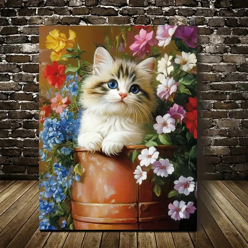 Adorable Persian Cat Kitten with Flowers Painting 40x60cm Metal Print Ready to Hang - Bella Home Decor