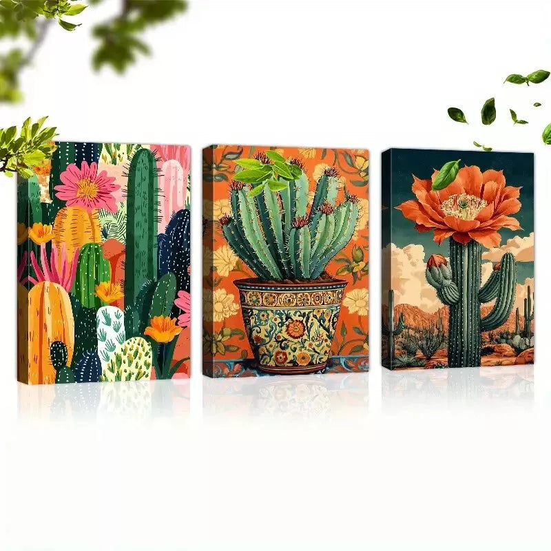 3pcsColorful Cactus And Stunning Florals Art Set Canvas Framed 50x70cm - High Quality Print 100% Australian Made Wall Canvas Ready to Hang