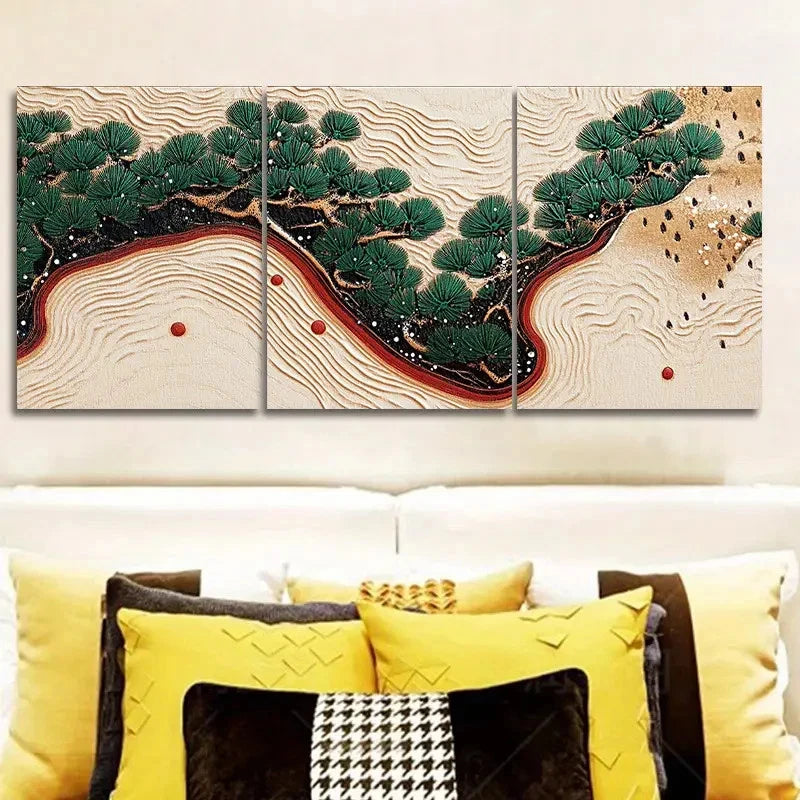 3pcs Textured Stylized Painting of a Pine Tree  Wall Art Set Canvas Framed 60x90cm - High Quality Print 100% Australian Made Wall Canvas Ready to Hang