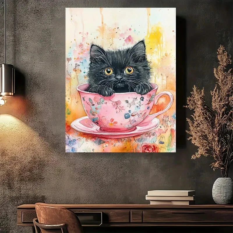 Beautiful Teacup Kitten Modern Vintage Floral 40x60cm Metal Print Ready to Hang - Bella Home Decor