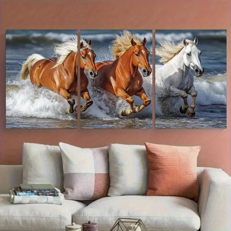 3pcs Horses Galloping Through Ocean Waves Metal Print Ready to Hang Art