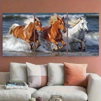 3pcs Horses Galloping Through Ocean Waves Metal Print Ready to Hang Art