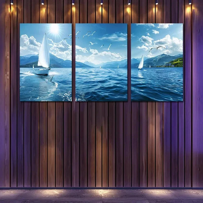 3pcs Australian Sea Sailboat and Mountainous Wall Art Set Canvas Framed 50x70cm - High Quality Print 100% Australian Made Wall Canvas Ready to Hang - Bella Home Decor