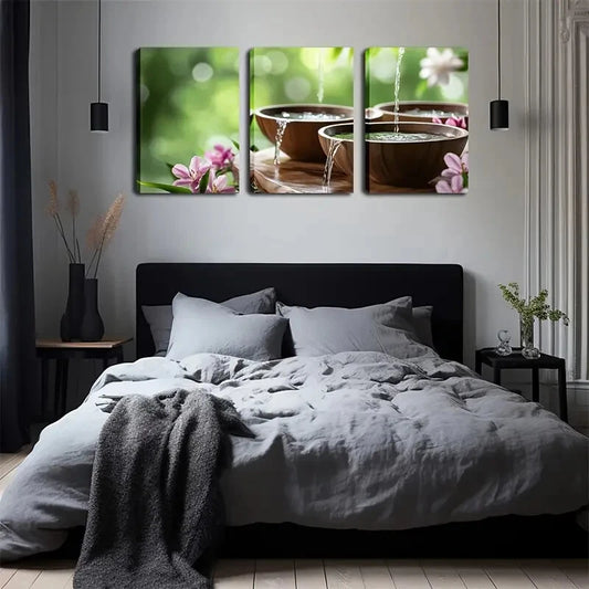 3pcs Serene Water Flow Landscape with Floral Wall Art Set Canvas Framed 40x60cm - High Quality Print 100% Australian Made Wall Canvas Ready to Hang