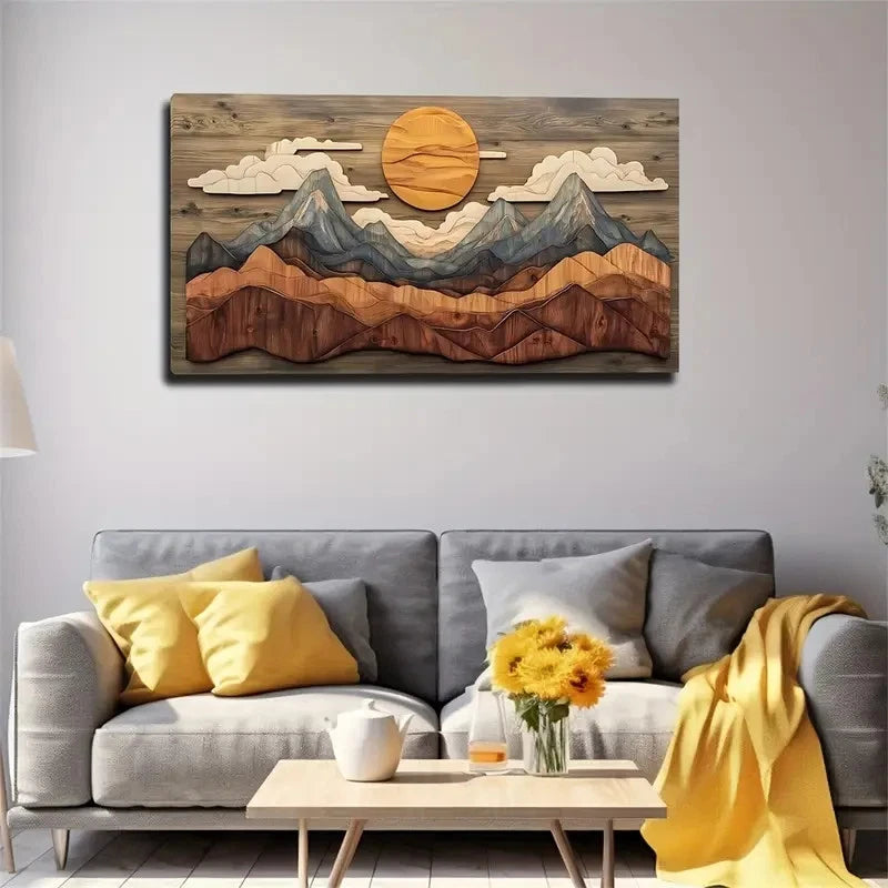Orange-Yellow Sun & Mountain Wall Art Canvas Office Home Room Framed 120x60cm