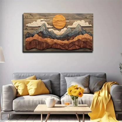 Orange-Yellow Sun & Mountain Wall Art Canvas Office Home Room Framed 120x60cm