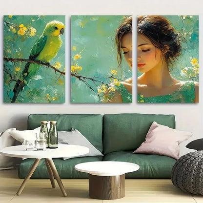 3pcs Young Woman in Green Chic Dress with Parrot Metal Print Ready to Hang Art