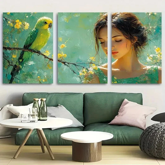 3pcs Young Woman in Green Chic Dress with Parrot Metal Print Ready to Hang Art
