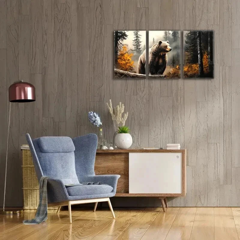3pcs Pine Forest Bear in Autumn Woods Animal Metal Print Ready to Hang Art