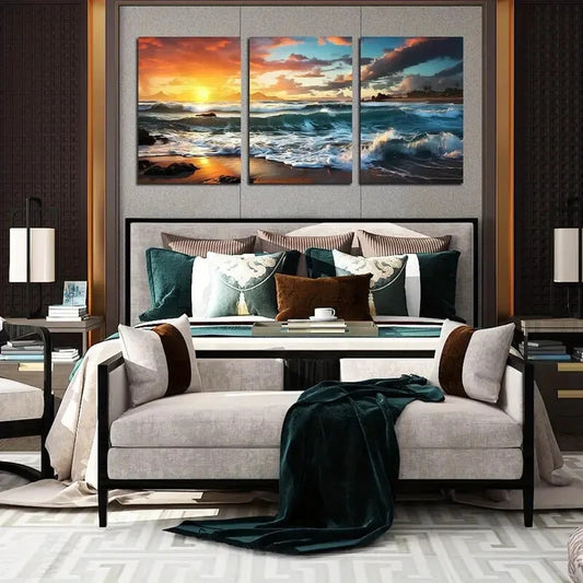 3pcs Sunset with Ocean Waves, Vibrant Metal Print Ready to Hang Art