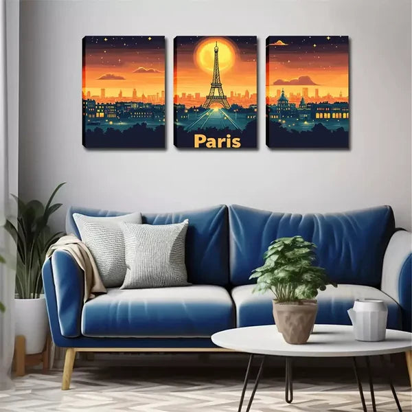 3pcs Eiffel Tower at Dusk Wall Art Set Canvas Framed 60x90cm - High Quality Print 100% Australian Made Wall Canvas Ready to Hang - Bella Home Decor