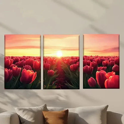 3pcs Sunset Scenery with Red Rose Field Wall Art Canvas Unframed - High Quality Print 100% Australian Made Wall Canvas