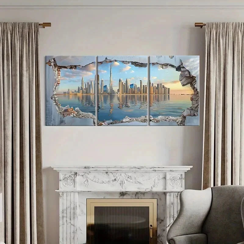 3pcs Cityscape Modern Architecture Skyline Metal Print Ready to Hang Art - Bella Home Decor
